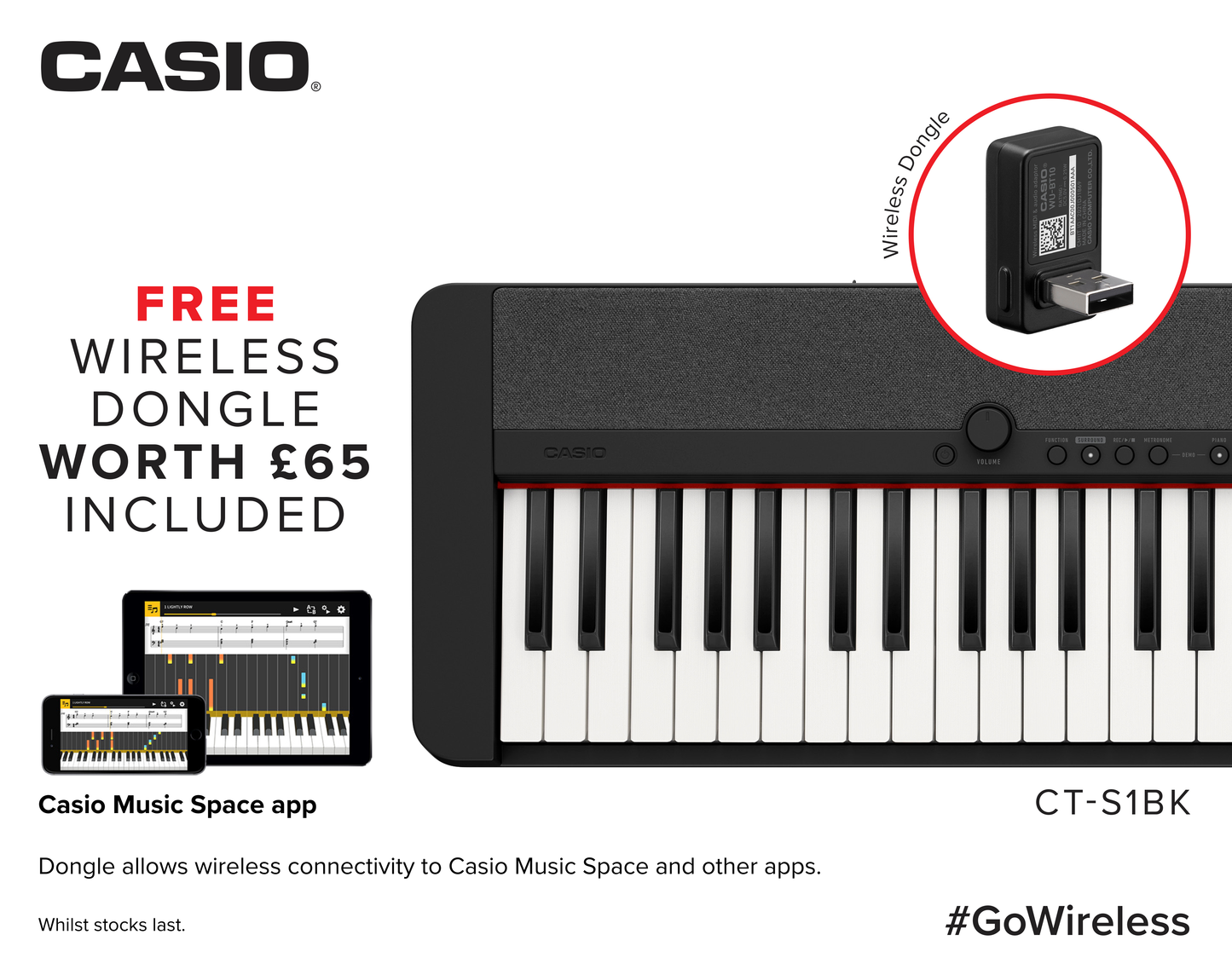 Casio CT S1 Portable Piano Keyboard Black with FREE WU BT10 Bluetooth Adaptor