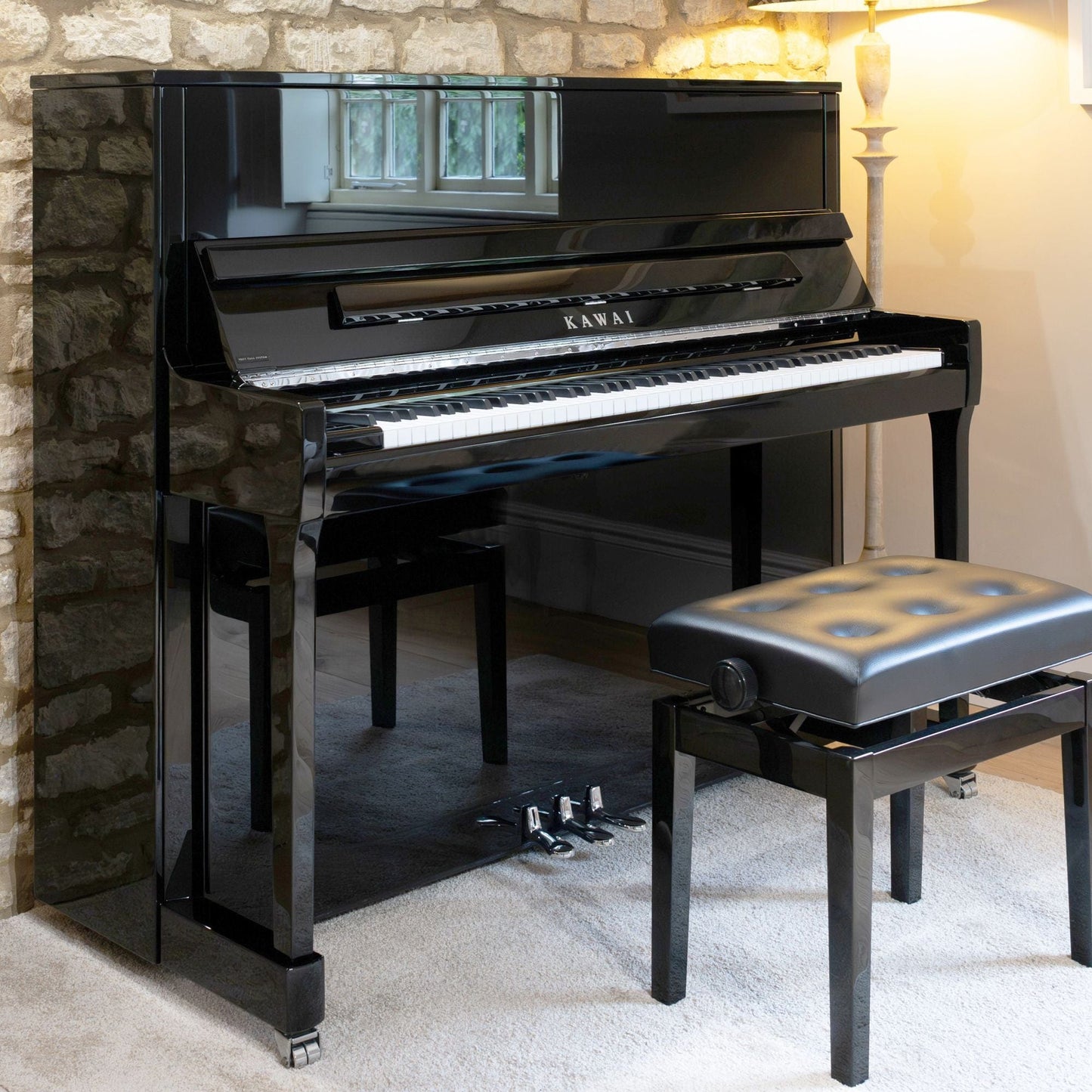 Kawai K300 AURES 2 Hybrid Upright Piano; Polished Ebony & Silver Fittings