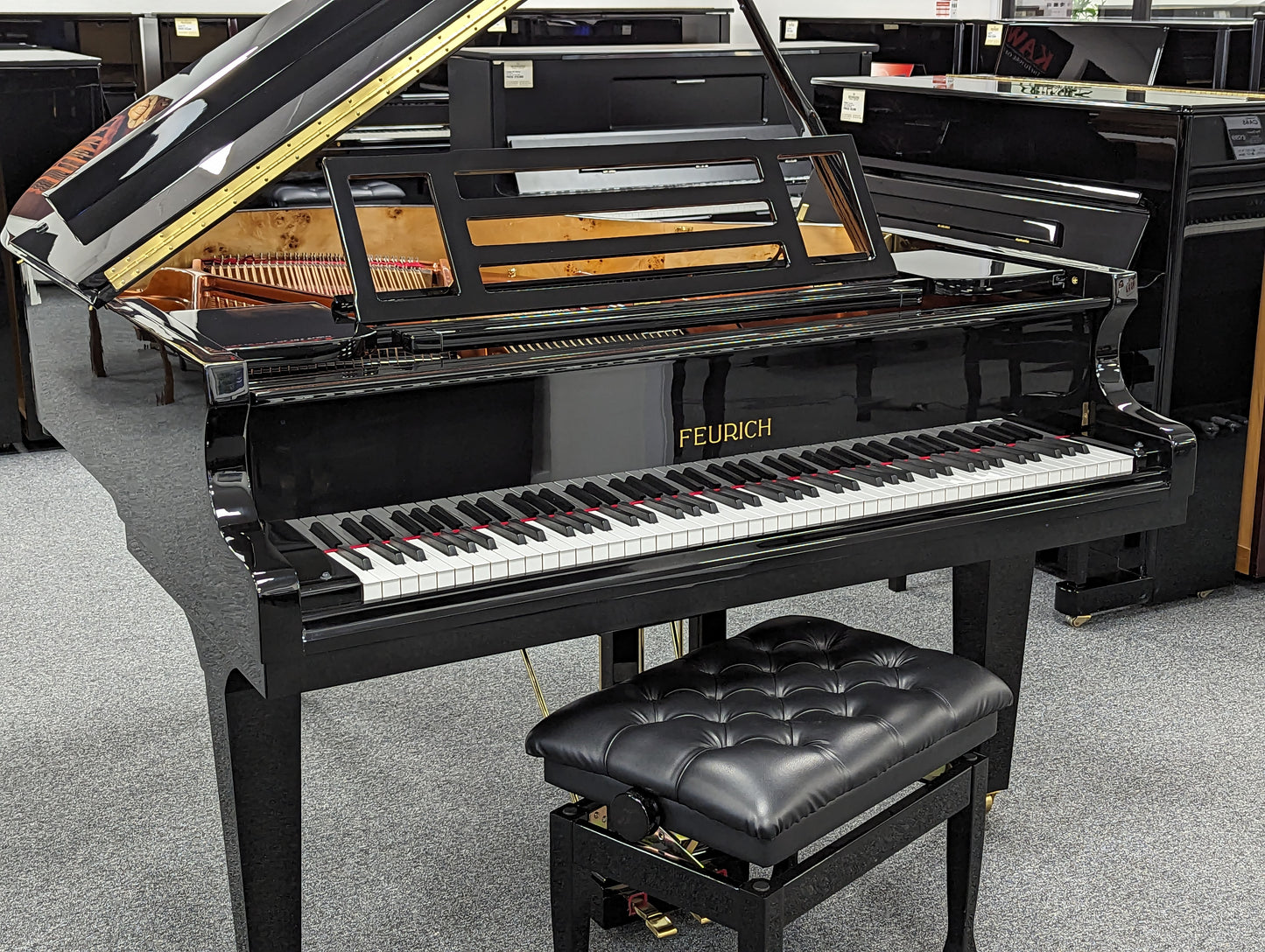 Feurich 2019 Model 179 Grand Piano; Polished Ebony with Height-Adjustable Piano Stool: Serial No: F27899