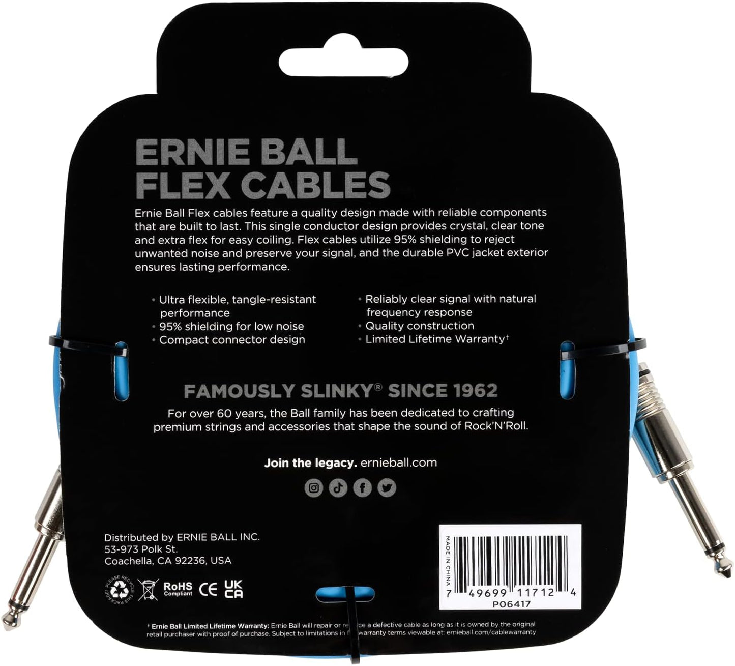 Ernie Ball Flex Instrument Cable; 20ft Blue