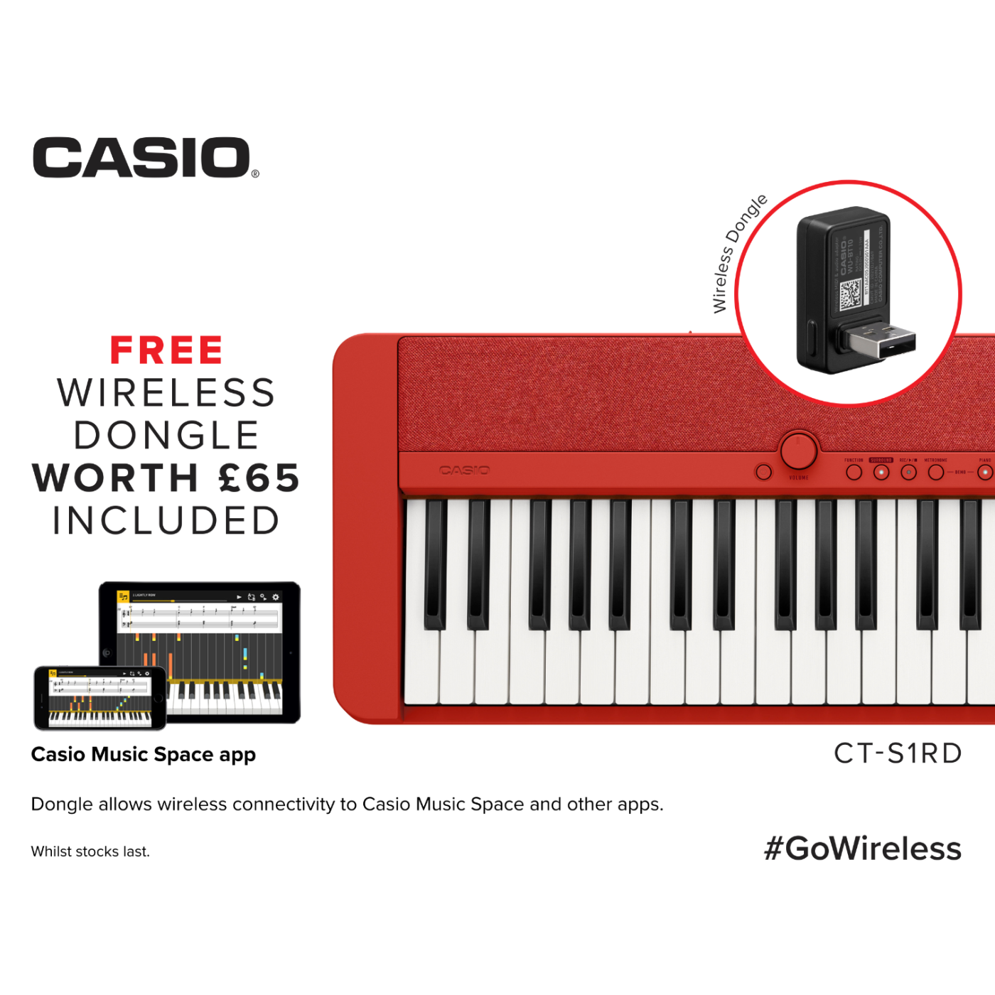 Casio CT-S1 Portable Piano Keyboard; Red with FREE WU-BT10 Bluetooth Adaptor