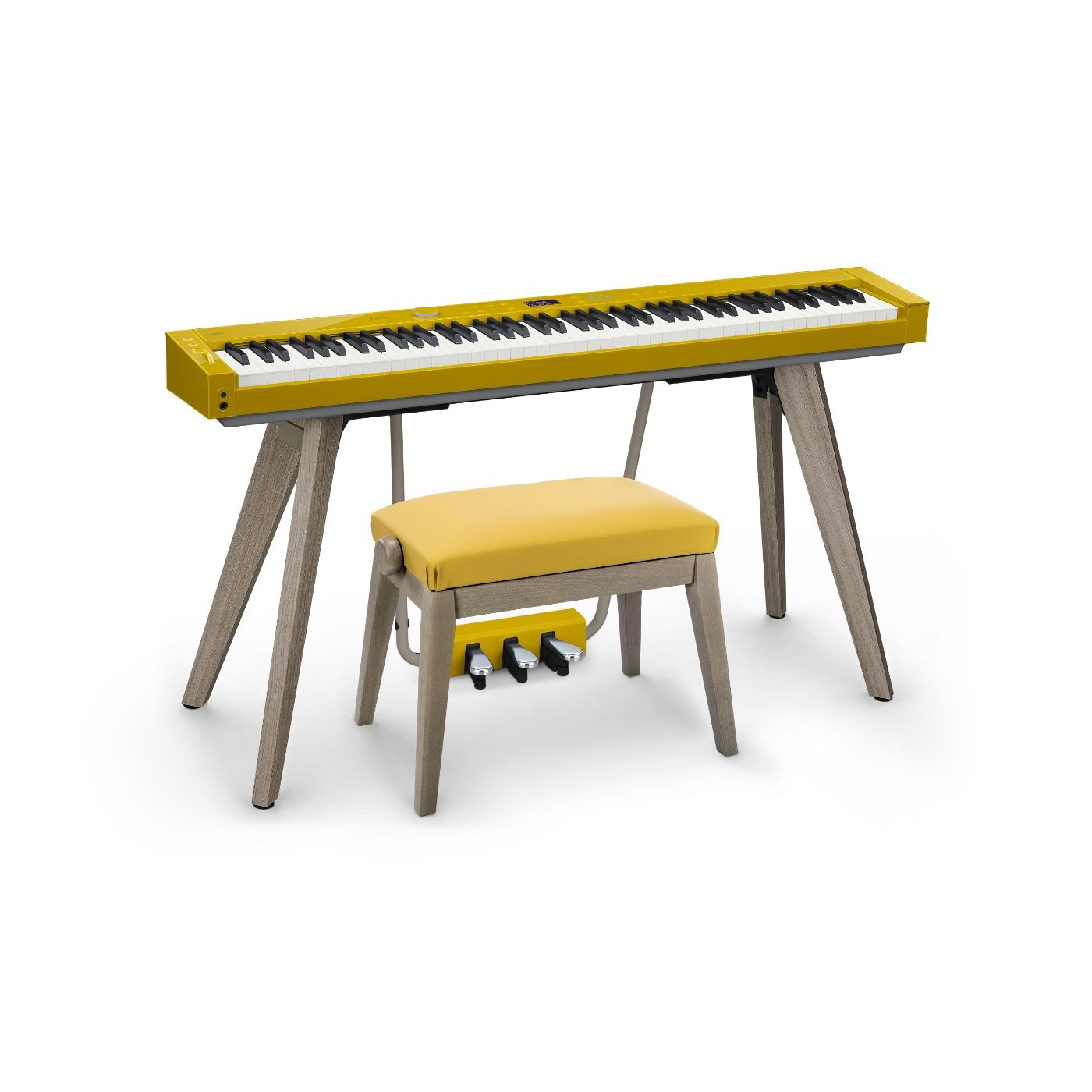 HIDRAU Premium Rise & Fall Piano Stool; Mustard Vinyl And Matching Wood Veneer Legs